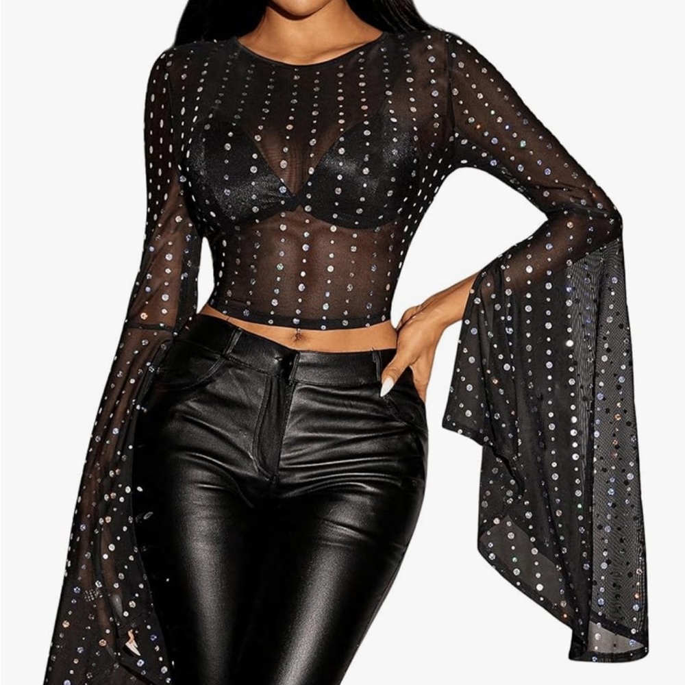 Black Sequin Sheer Crop Top